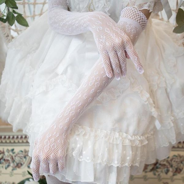 

five fingers gloves retro mesh thin lolita long gothic sweet hand sleeve dots nylon sun protection bridal lace mittens for women girls, Blue;gray