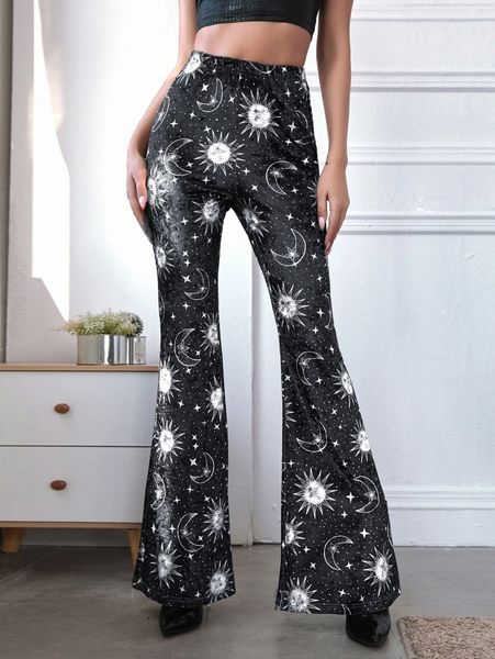 

galaxy pattern flare leg velvet pants e6jp#, Black;white