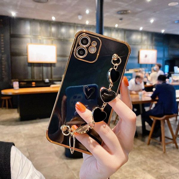 

cell phone pouches luxury plating soft case with love heart chain bracelet strap shiny cute pretty protective cover for women girls