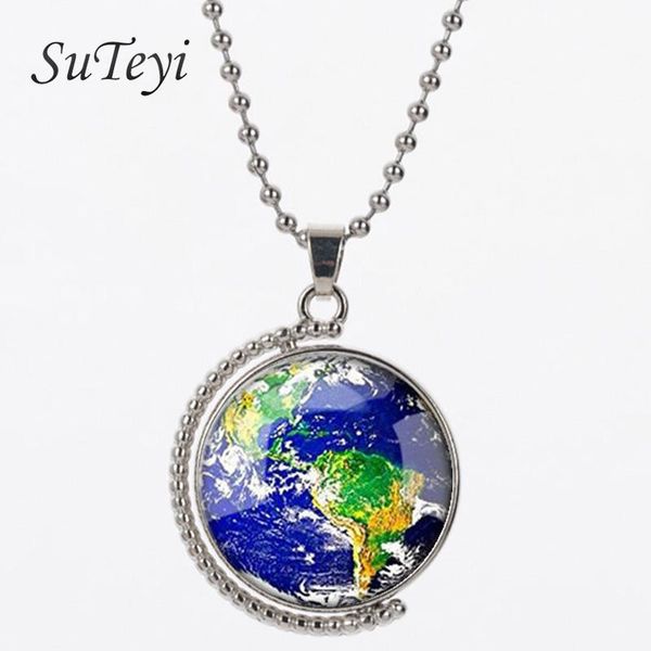 

pendant necklaces suteyi earth double face rotating glass dome jewelry vintage globe necklace planet art, Silver