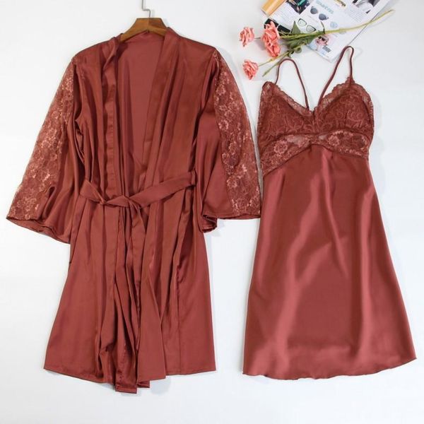 

women nighty&robe set kimono gown patchwork lace nightgown sleepwear silky satin bathrobe nightwear soft home dress women's, Black;red