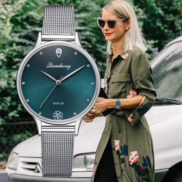 

wristwatches luxury women green dial bracelet quartz clock fashion metal silver belt creative dress watches for ladies gift, Slivery;brown