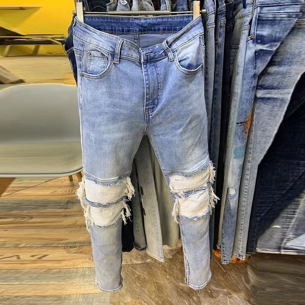

men's jeans ripped for men stacked 2021 trendy slim fashion brand hole beggar personality pants skinny, Blue