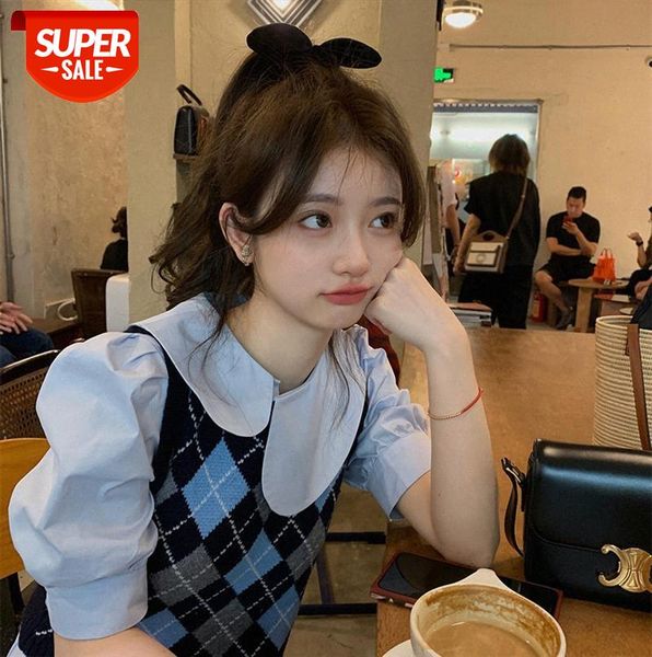

korean design sense irregular collar puff sleeve dress women's year small retro shirt #zw5h, Black;gray