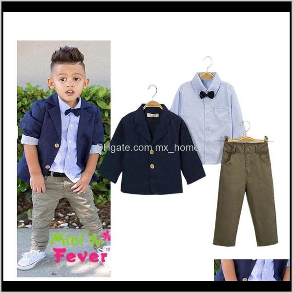 

baby maternity drop delivery 2021 kids boys clothing sets baby gentleman blazers suit bowknot button striped shirt pants jeans single row bu, White