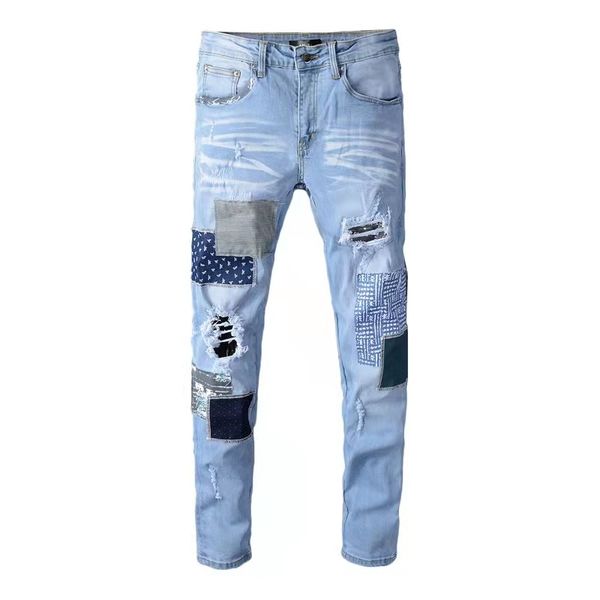 

2021 tide brand motorcycle jeans embroidered stretch skinny tattered high-end quality patch pants, Blue