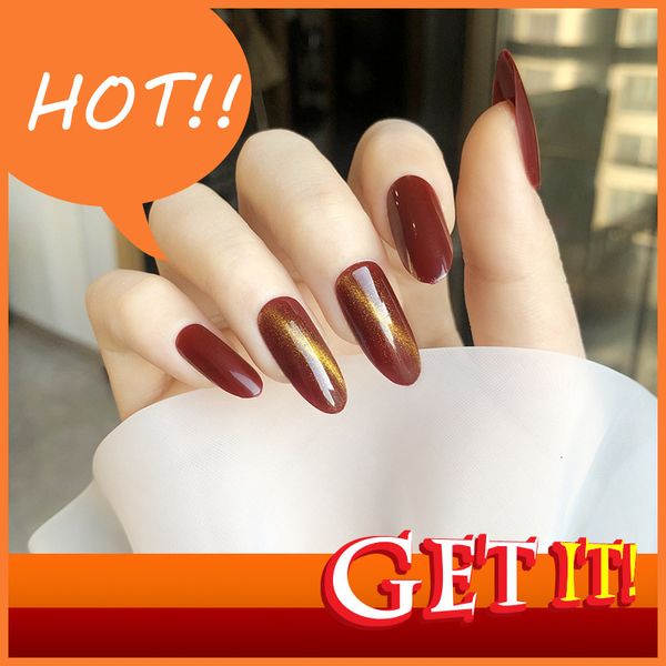 

hand diy nail decorated stylist discount nina 281 round red cat's eye fake nail patch wear finished 24 es, Red;gold