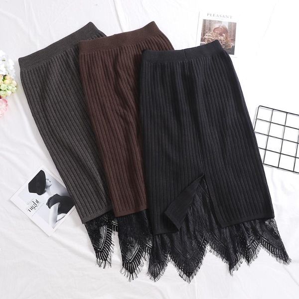 

skirts autumn women fashion knitted skirt straight lace splicing ladies graceful elastic cotton slim empire split middle, Black