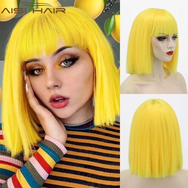 

synthetic wigs aisi hair short straight wig with bangs for women yellow blue pink bob cosplay party daily use, Black