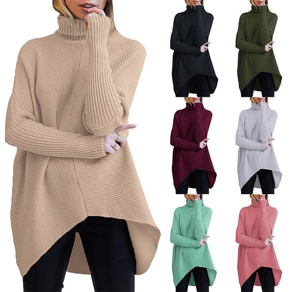 

women's sweaters 2022 autumn and winter women's high neck long-sleeved bat sleeves asymmetrical hem pullover knit women, White;black