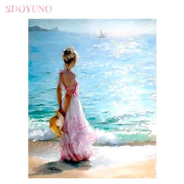 

paintings sdoyuno diy painting by numbers kit for adults seaside girl landscape acrylic paints unique gift art home decor