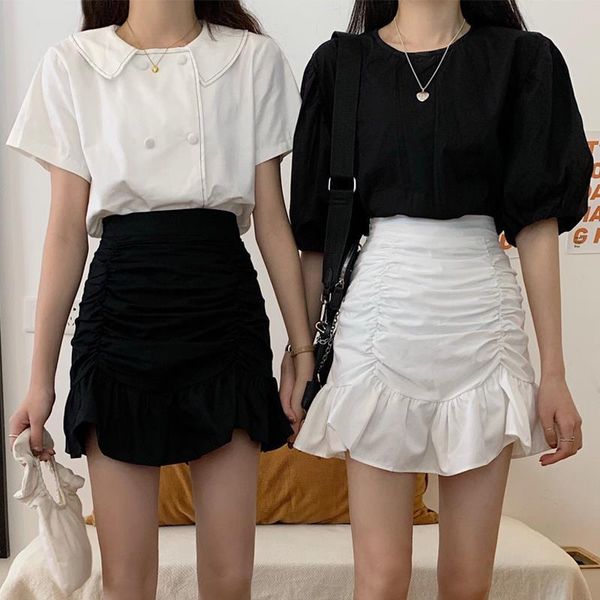 

skirts women solid a-line summer mini hem ruffles ulzzang chic ruched all-match high waist selling lovely girls elegant, Black