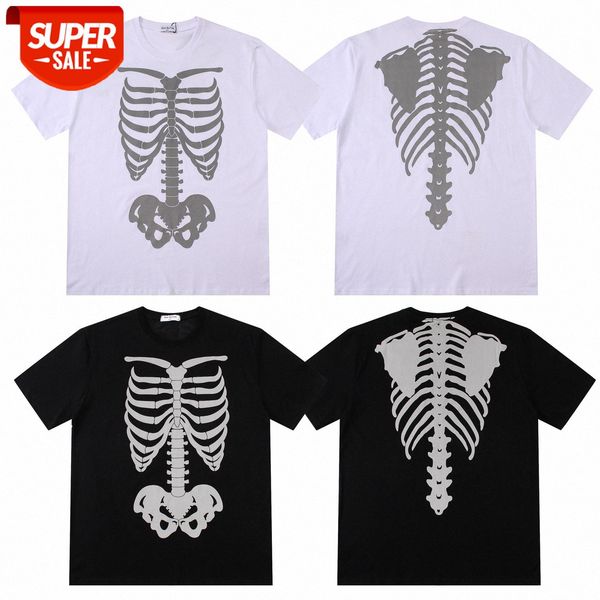 

reflective spine skull skeleton print short-sleeved ins couple t-shirt for men and women #wa26, White;black