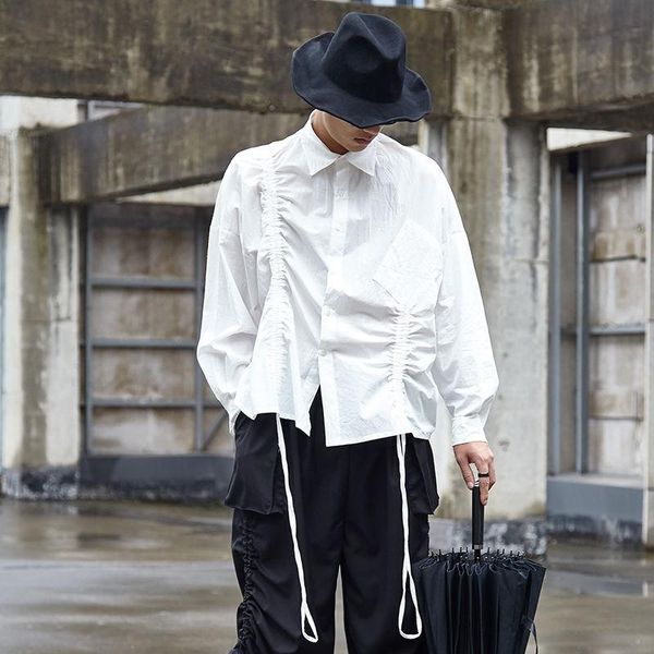 

/ men's and women's wear design drawstring pleated white shirt male loose oversize long sleeve single pockets 9y1596 casual shirt, White;black