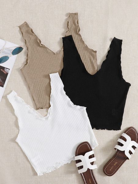 

3pcs lettuce trim rib-knit tank c9iz#, White