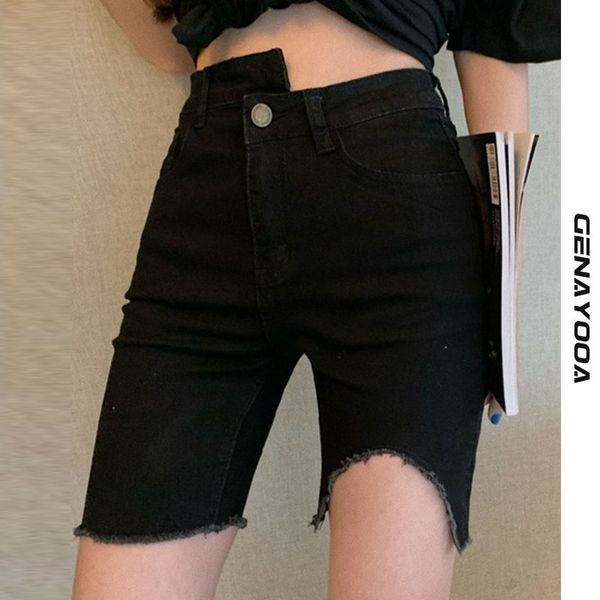 

genayooa summer jeans elastic high waist casual tigh black biker women korean style denim shorts 210417, White;black