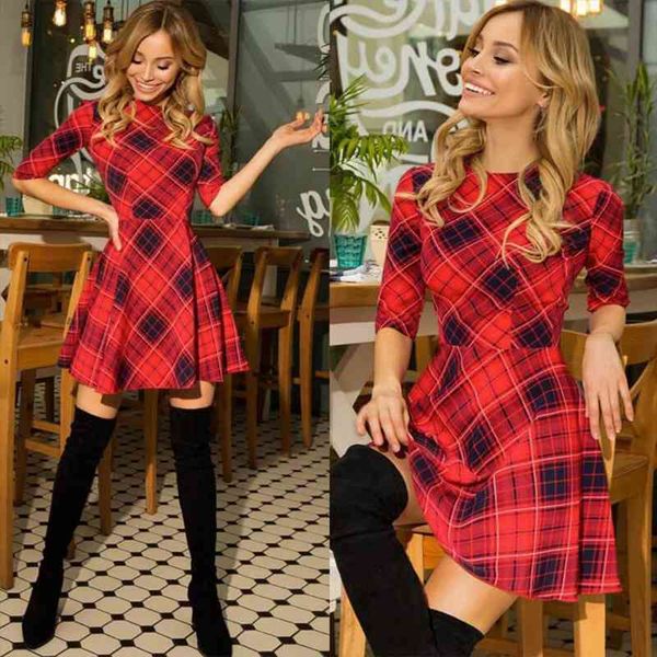 

xmas red plaid 3 women dresses 4 sleeve scottish spring autumn slim woman mini christmas party vestidos, Black;gray