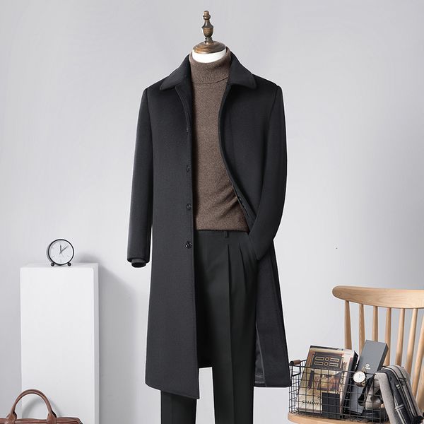 

2021 detachable liner winter en men's medium long collar windbreaker wool coat, Tan;black