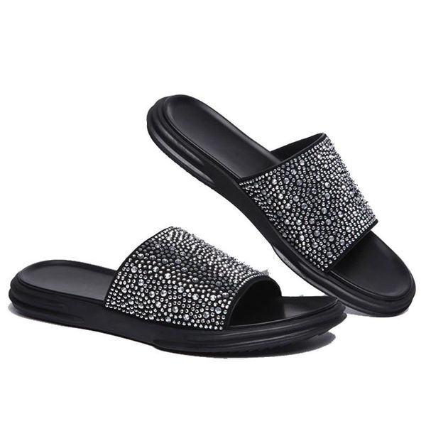 

sandals luxury 2021 summer genuine leather outdoor beach fashion rivet runway slippers men shoes chaussure homme, Black