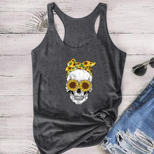 

women's tanks & camis skull scraf sunflowers printing tank women sleeveless summer for girls loose vest ladies aesthetic ropa de mu, White