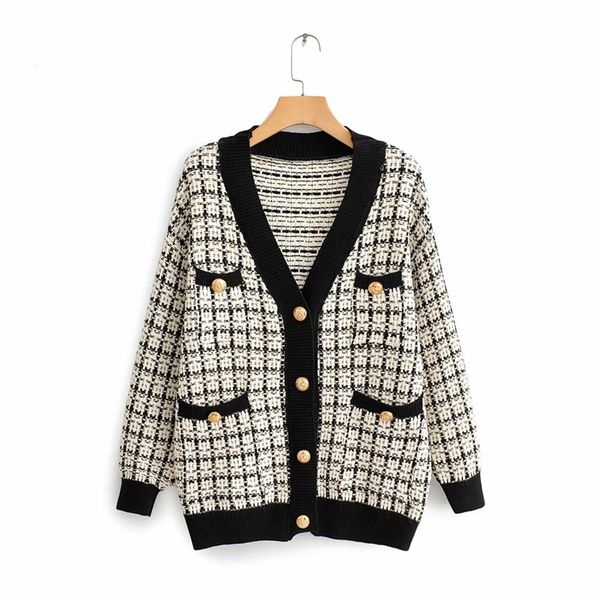 

vintage chic women plaid pockets cardigans stylish elegant ladies v-neck sweaters fashion casual girls knitwear outwear 210531, White