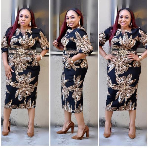 

ethnic clothing summer/ autumn african dresses for women fashion pile up sleeves print slim sheath pencil dress bazin elegant robe part, Red