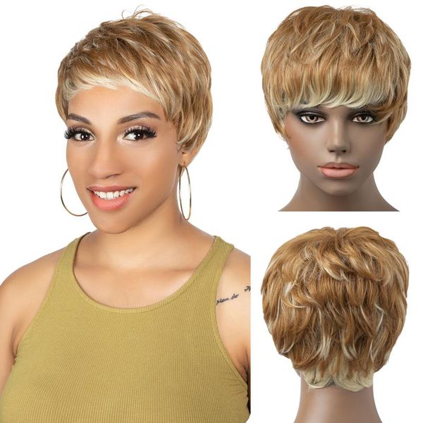 

synthetic wigs short hair with natural bangs pixie cut brazilian wave blonde brown afro bob wig for black women