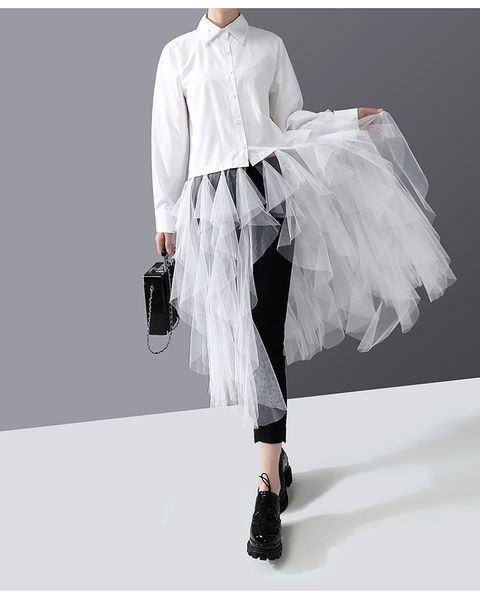 

est trendy women solid shirts chich mesh ruffles patchwork long sleeves turn down neck fairy lady office business, White