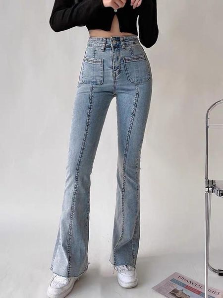 

buttÂ lift jeans 2021 90s style fashion pockets light blue strechy ladies tall aesthetic skinny distressed bellbottom pants women's