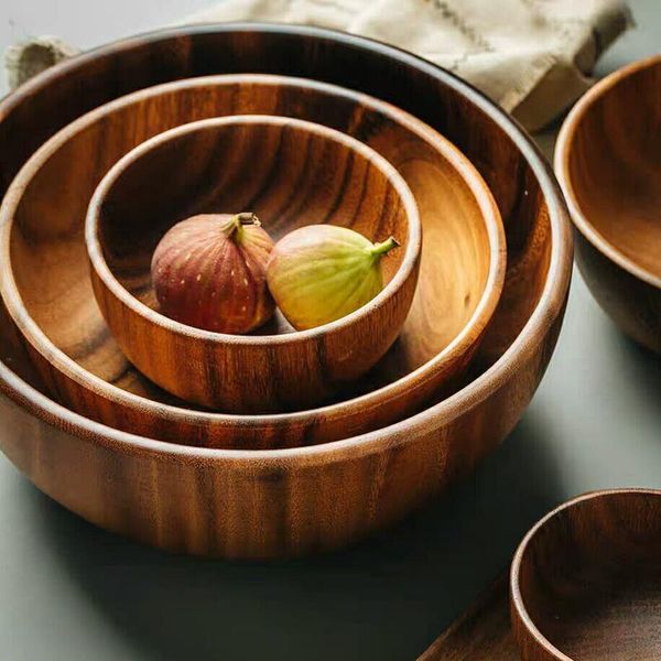 

natural hand-made wooden salad bowl classic large round acacia wood soup dining plates premium kitchen utensils bowls