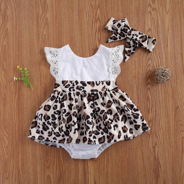 

jumpsuits baby & children's 2pcs summer outfits splicing leopard print backless romper skirt + hairband for toddlers girls 0-2 years, Blue