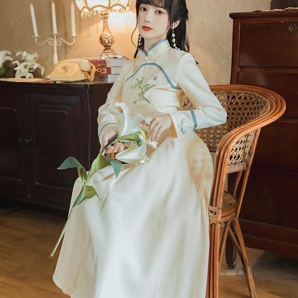

ethnic clothing embroidery retro chinese dress cheongsam hanfu women traditional robe orientale autumn long eleganti vestido chino mujer qip, Red