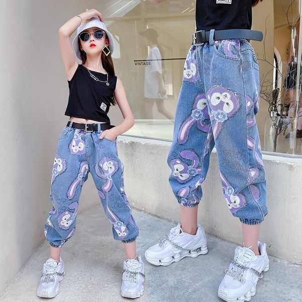 

jeans 2021 girls cartoon high waist elastic denim pants children's clothing fashion print trousers 4-13yrs, Blue