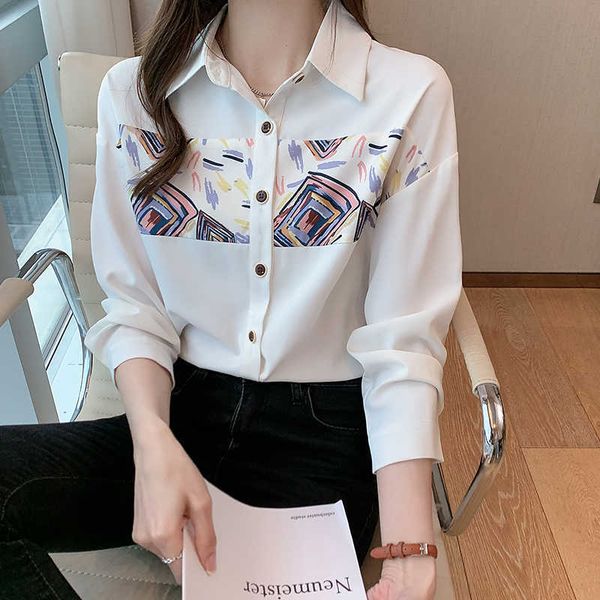 

women ol chiffon shirts blouses white print blouse turn-down collar long sleeve chic office wear woman blusa spring 210604
