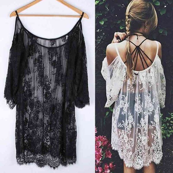 

fashion women summer beach dress black boho off shoulder floral lace hollow ladies dress, Black;gray