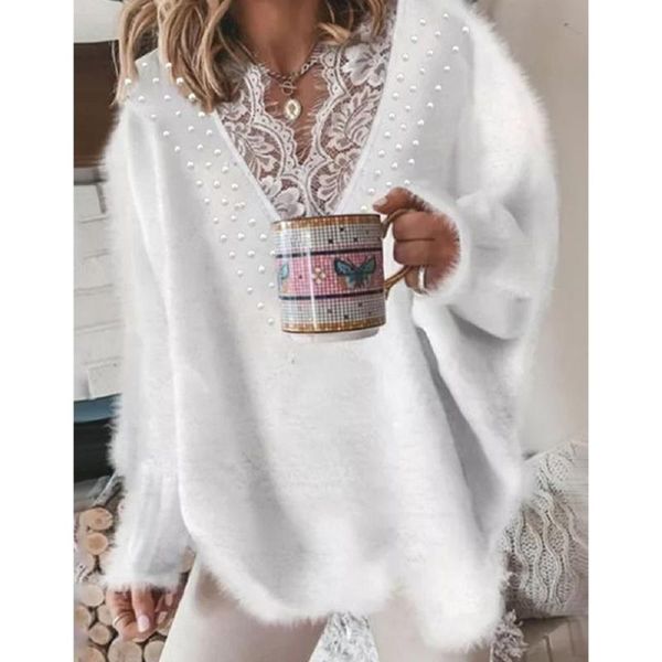 

women's sweaters 2021 winter style v-neck white warmth plus velvet sweater casual pullover lace stitching beaded women, White;black