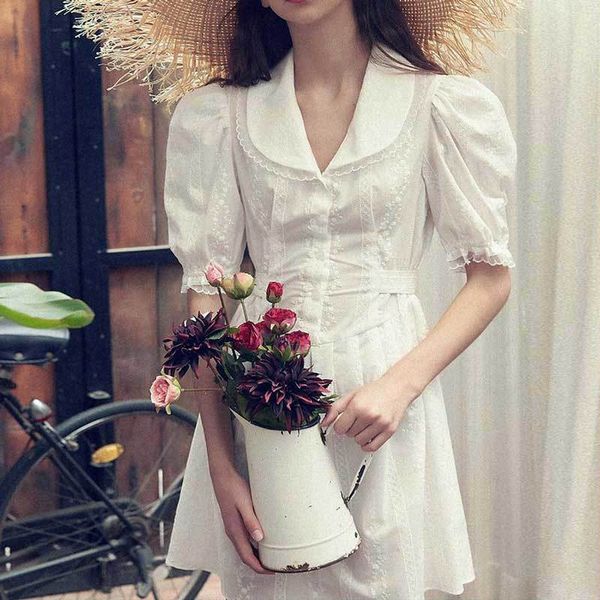 

inspired white embroidered woman dress peter pan collar cute summer dress buttons bow tied back ladies dress new 210412, Black;gray