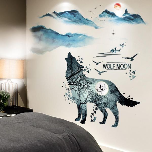 

wall stickers [shijuekongjiian] wolf animal diy mountains rivers mural decals for living room bedroom home decoration
