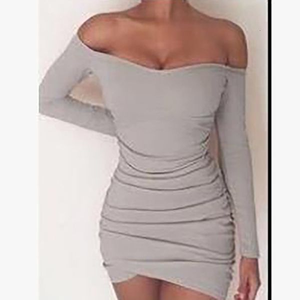 

casual dresses ss women one neck pleated bag hip long sleeved dress size s-5xl, Black;gray