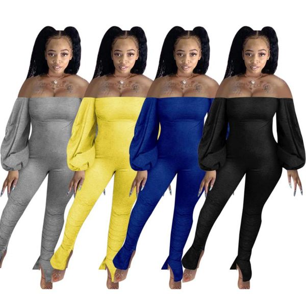 

women off-shoulder pleated bubble sleeves micro horn pants lady slim fit plus size black blue gray yellow women's jumpsuits & rompers, Black;white