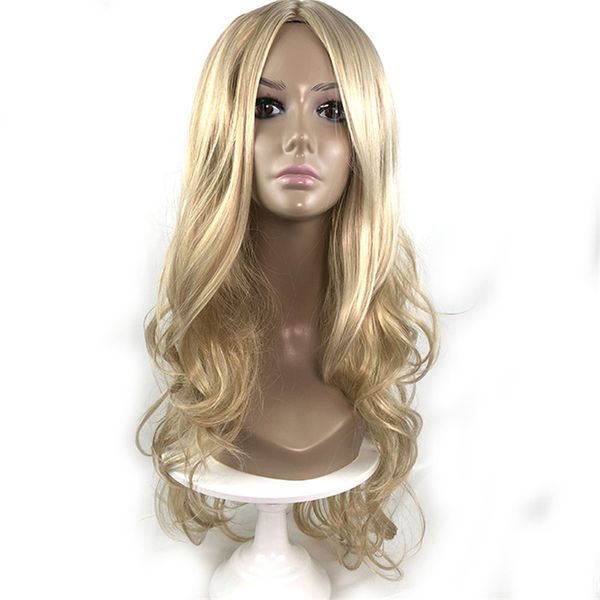 Sarışın Sentetik Peruk Uzun Kıvırcık Dalgalı Simülasyon İnsan Saç Peruk Hairpieces Siyah-Beyaz Kadınlar için PERRUQUES K23