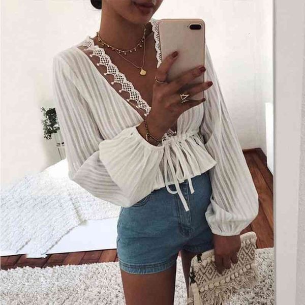 

women's knits & tees women spring lace patchwork v neck blouses shirt casual lantern sleeve lace-up slim autumn female white