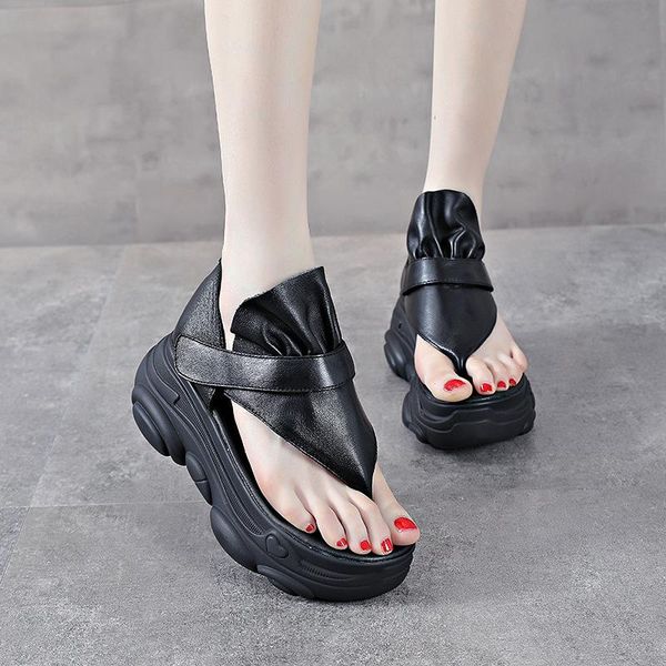 

sandals the first layer of leather women's summer flip-flops all-match thick-soled fashion shoes, Black