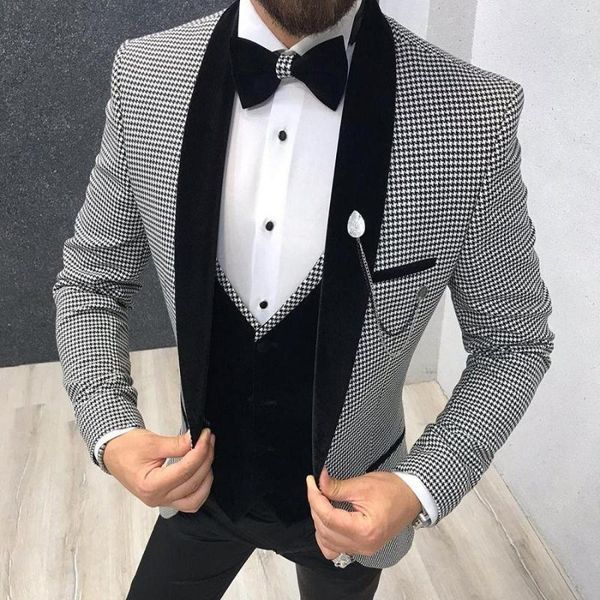 

men's suits & blazers formal houndstooth coat groom tuxedos mens wedding man blazer slim fit terno masculino prom 3pcs jacket vest pant, White;black