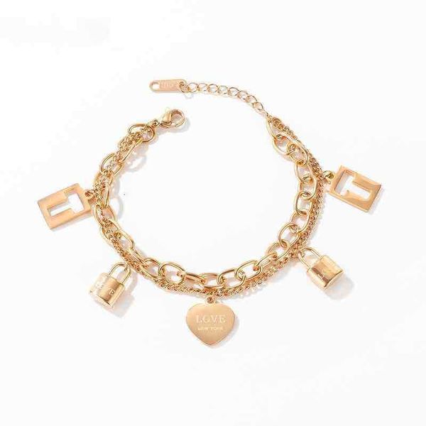 

korea's ins minority female student's hand ornament titanium steel double layer design concentric lock love bracelet female friend, Black