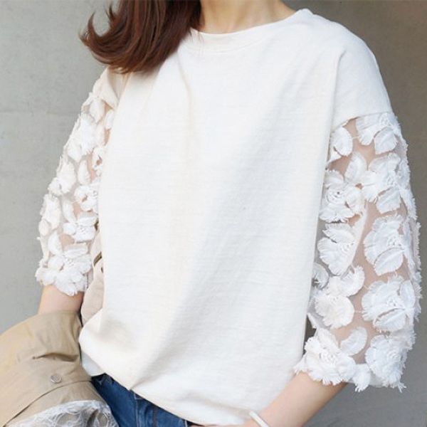 

women ladies summer t shirt cotton lace patchwork seven-quarter sleeve tee casual t-shirt, White