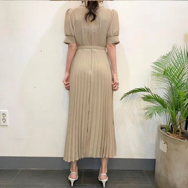 

dresses korea office ladies short sleeve notched blazer summer women elegant slim lace-up sashes pleated midi, Black;gray