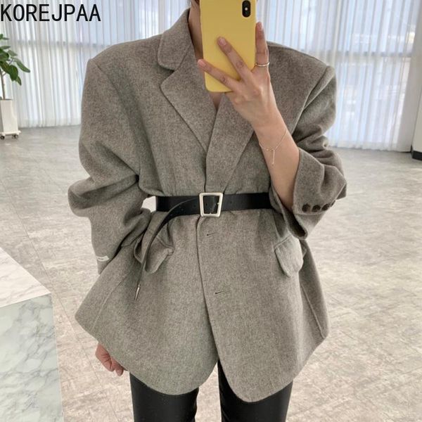 

women's wool & blends korejpaa women jacket 2021 autumn korean chic simple elegant temperament lapel two-button design loose long sleev, Black
