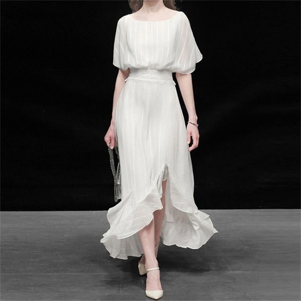 Donne di alta qualità elegante abito bianco Festa Wedding Cocktail Party Robe Femme asimmetrico Designer abiti in chiffon 210603