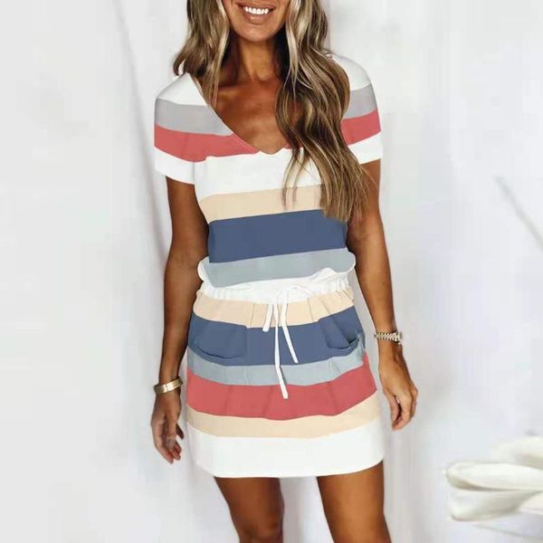 

casual dresses 2021 european and american style striped women's v-neck drawstring short-sleeved dress, Black;gray
